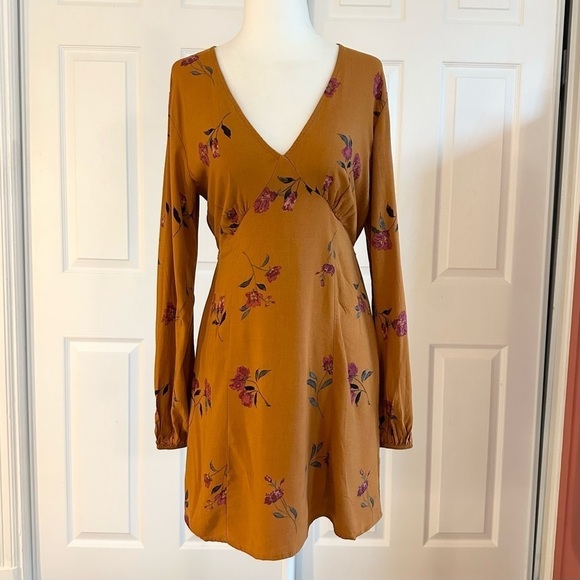 Wild Fable Mustard Gold Floral Boho Rayon Mini Tunic Style Dress - Picture 1 of 6